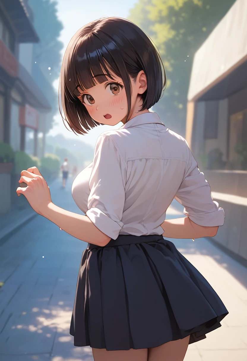 score_9,score_8_up,score_7_up,masterpiece,best quality, source anime, realistic, super detailed, extreme detailed, rating_safe,
1girl, standing, skirt tug, skirt flip, from behind, looking back, cowboy shot,
BREAK girl, 22yo, short hair, bob cut, (blunt bangs), black hair, (tareme, detailed cute brown eyes), curled eyelashes, (large breasts:0.9),
shiny hair, beautiful detailed eyes, beautiful face, sweat,
white collared shirt, black tight mini skirt,
embarrassed, blush, surprised eyes, screaming,
outdoors, street