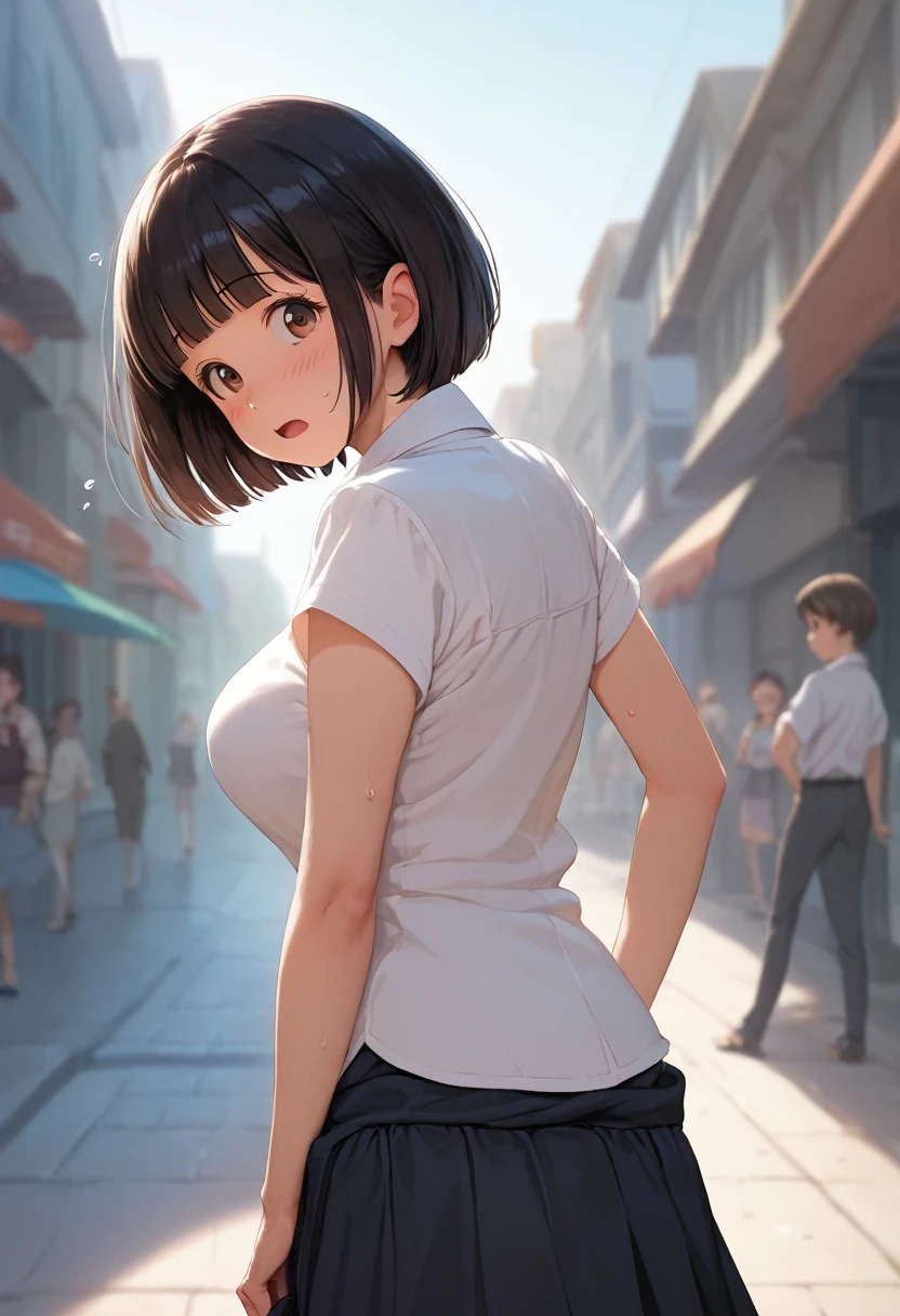 score_9,score_8_up,score_7_up,masterpiece,best quality, source anime, realistic, super detailed, extreme detailed, rating_safe,
1girl, standing, skirt tug, skirt flip, from behind, looking back, cowboy shot,
BREAK girl, 22yo, short hair, bob cut, (blunt bangs), black hair, (tareme, detailed cute brown eyes), curled eyelashes, (large breasts:0.9),
shiny hair, beautiful detailed eyes, beautiful face, sweat,
white collared shirt, black tight mini skirt,
embarrassed, blush, surprised eyes, screaming,
outdoors, street