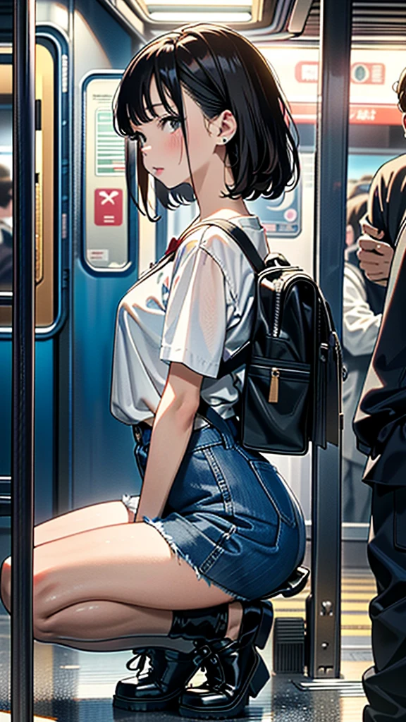(8k, RAW Photos, 最high quality, masterpiece:1.2), high qualityのRAWカラー写真, Professional photo shoot, Cinematic Light, alone, (((Young woman and middle-aged man, Gal))), (Sharp features), (Small face), (Skin with attention to detail:1.2), clavicle, Cute Face, Beautiful appearance, Long eyelashes,Girl Turning Around, smile, (Brown Hair, Long straight line), Jersey, Denim mini skirt, sneakers, Backpack, Night Park, Confident attitude, Capture the happy moment, Artistic painting,Attractive thighs, (Very nice touch:1.2),はにかんだsmile), Peaceful atmosphere, Oil painting style, Bright colors, (Are standing:1.5, Inside a crowded train, Full body portrait), Smooth texture, Gazing Eyes, Beautiful Skin, Glowing Skin, ((Perfect Fingers, Five Fingers, Anatomically correct)), Background Blur, high quality, Surreal, ((Very detailed, photo shoot)),Many people々、blush、Plump、Blowjobチオ、Lick、Side view、squat、Sucking a man's、Crowded、Being surrounded by men、Oral sex、Sex with multiple people、Orgy、Sucking cock、Blowjob