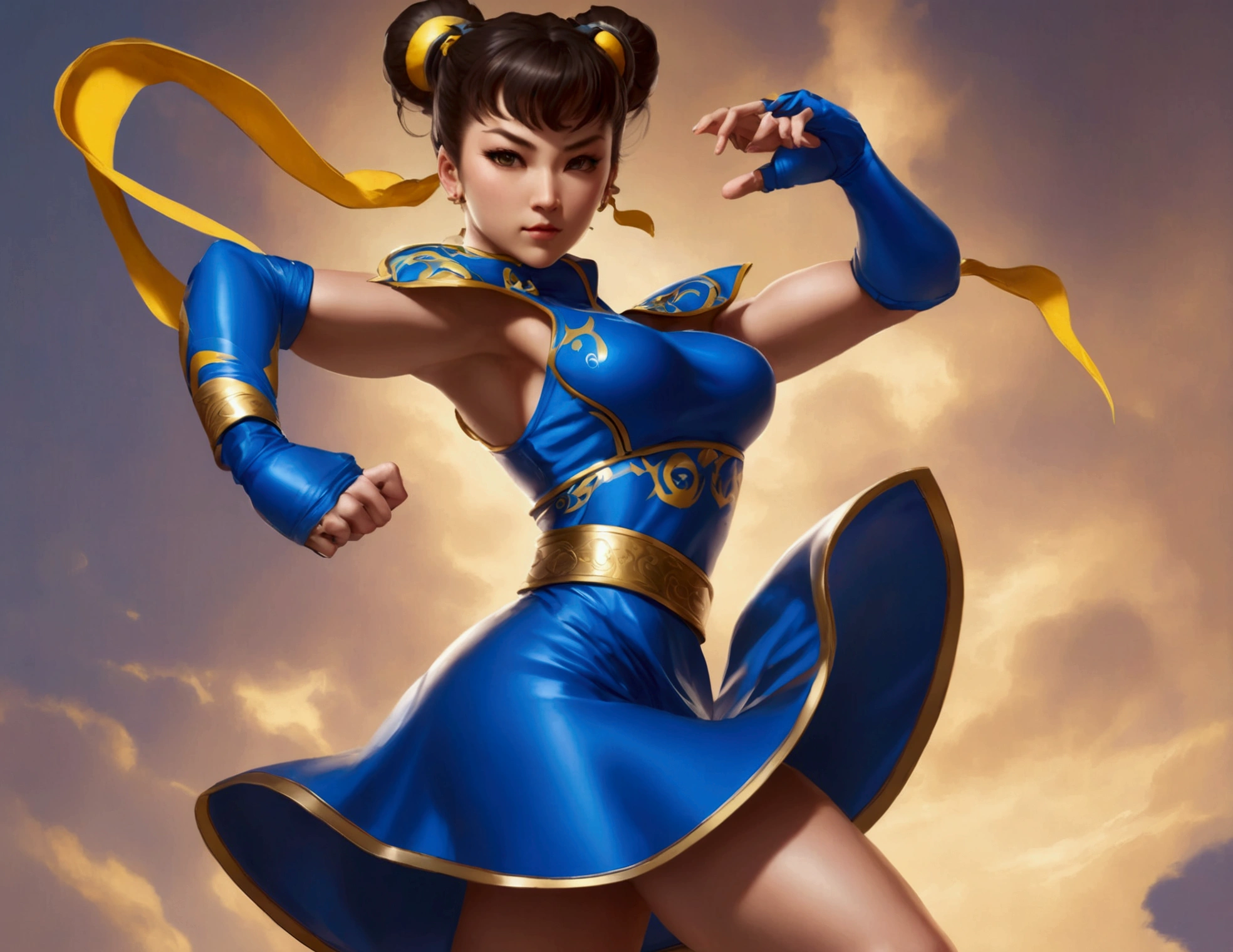 Chun Li striking a victory pose, I conic blue outfit mini dress, viewed from low angle