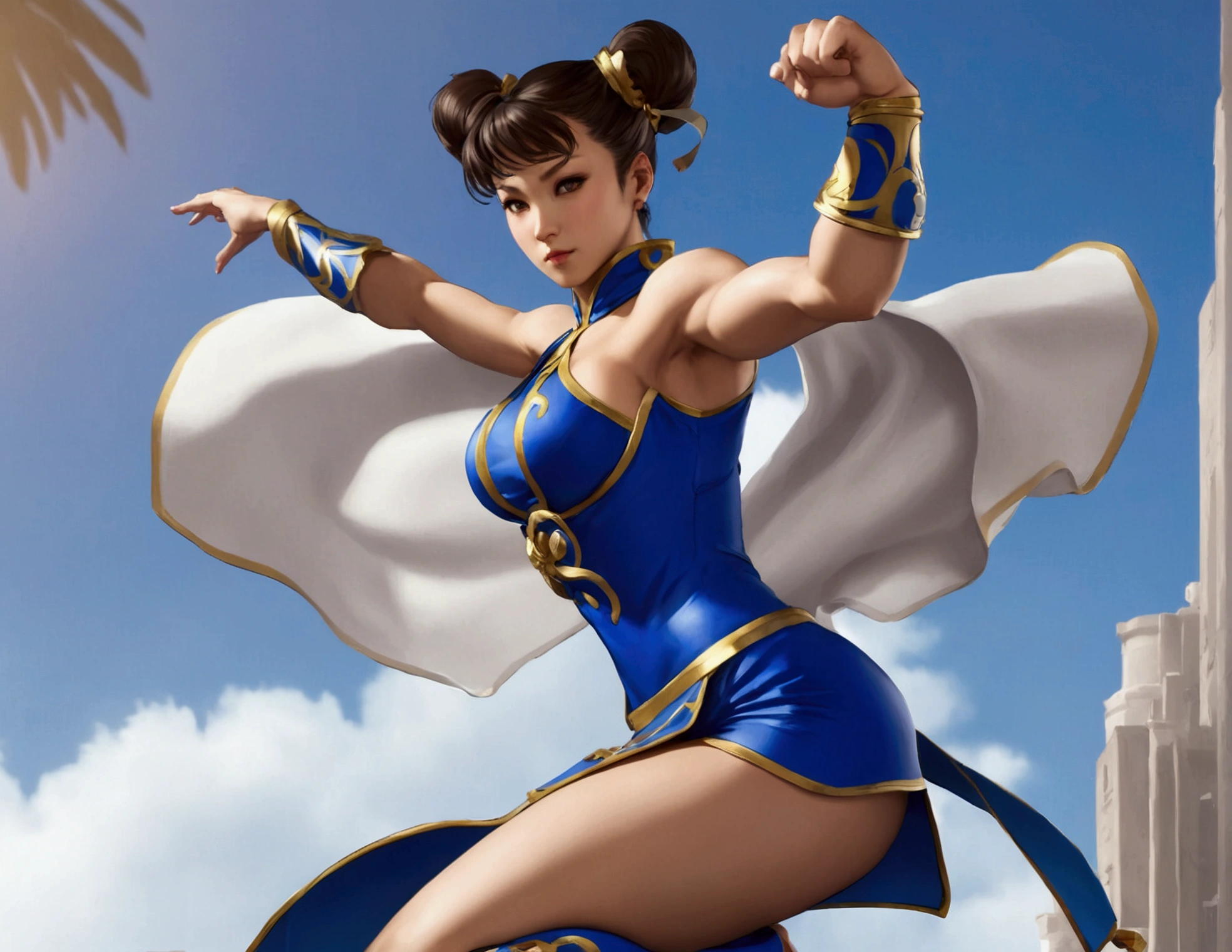 8k,ultra realista, 1girl, (silueta:1.4) de (ChunLi:1.5), entrenando, (bodysuit Chun-li), at the top of a mountain, atardecer, Hora dorada,, Maravilloso paisaje, obra maestra, alteza, imagen perfecta, ChunLi, sombra gema, waist shot, spandex blue, butt to camera