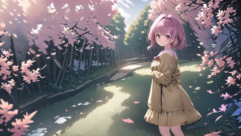 4K Girl A plateau with a view of the forest and lake fluffy skirt dress cardigan Two Piece Ash pink hair color Ruby Eyes Selfish Body Earth Colors anime comics smile fine Uplifting Glass Feather Iridescent feathers Two Moons mysterious Soft Moonlight