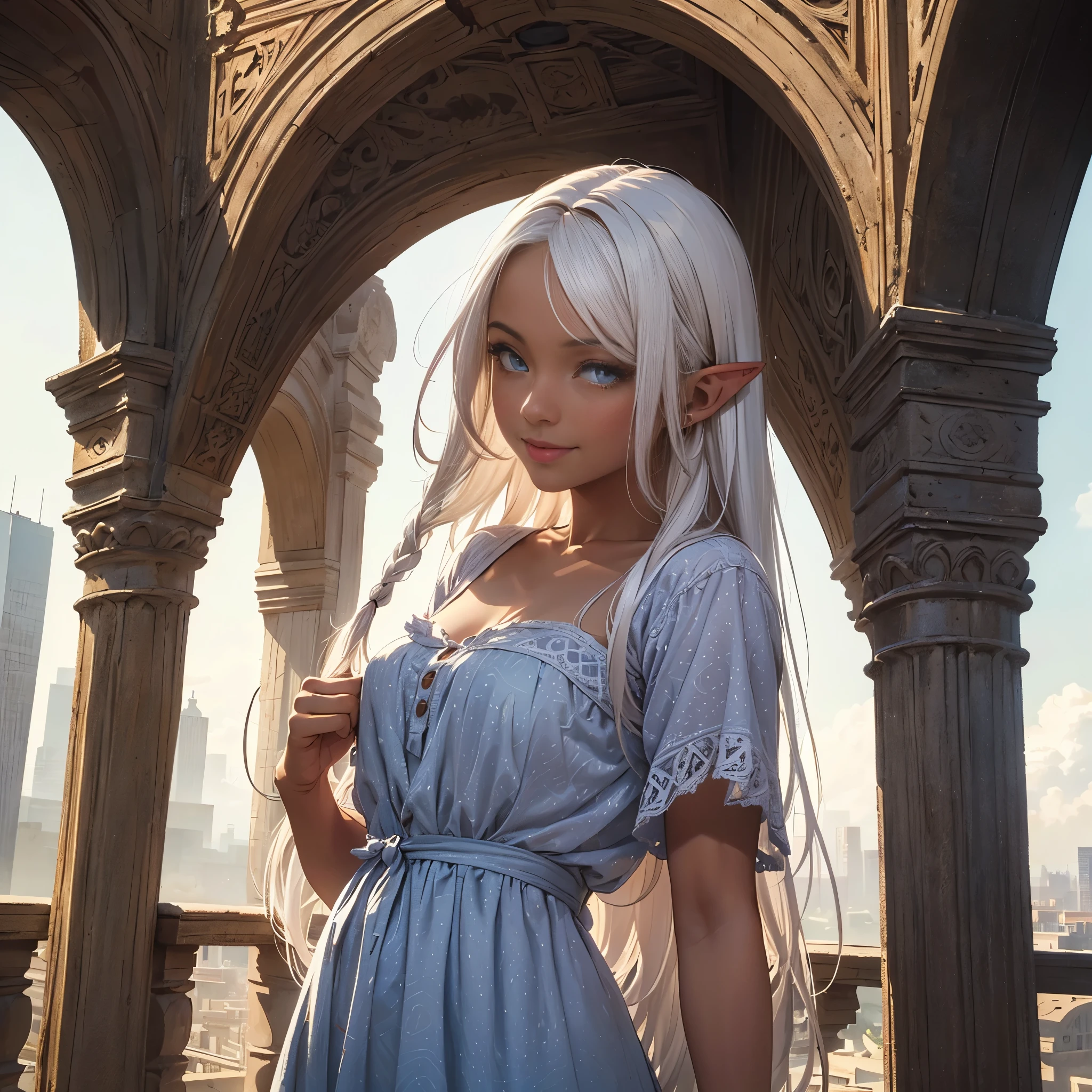 (masterpiece, best quality, ultra-detailed, best shadow),(western style:0.5), (realistic:1.2), analog style, (fibonacci), (detailed background, upper body, cowboy shot, smiling, standing, looking at viewer, facing viewer, city in the sky, above the clouds, stone, sunny, medieval, angular lines), (beautiful detailed face, feminine features), (best illumination), ((cinematic light)), colorful, hyper detail, dramatic light, intricate details, (1girl, woman named Lynaru, dark-skinned female, blackskin, long pointy ears, white hair, long hair, blue eyes, braid, long dress, sundress, runes, patterned clothing)