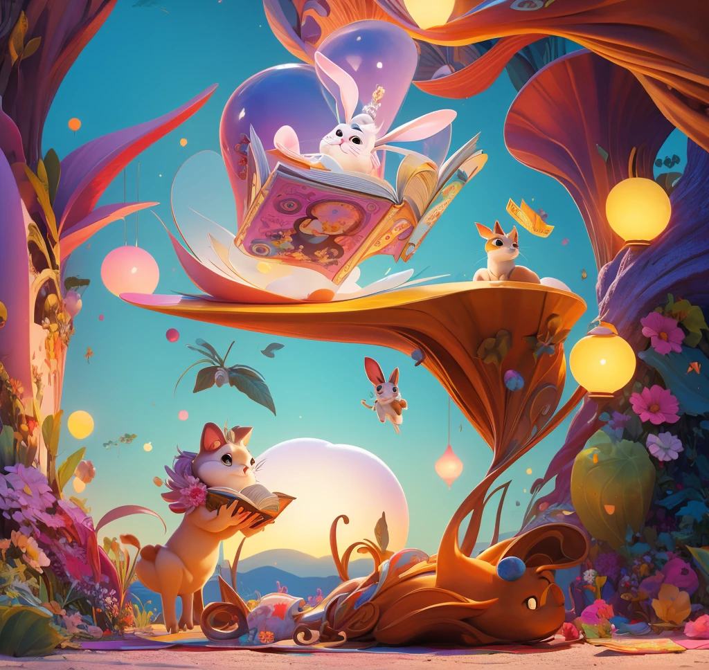 Create a high-quality image in a surreal and comical style featuring human children and animals spending time together. The scene should include whimsical and dreamlike elements, creating a unique and quirky atmosphere. The children are engaged in unusual activities with the animals, filled with humor and wonder.
The animals should have bizarre characteristics or behaviors that deviate from the norm, adding a surreal touch. For example, depict a rabbit floating in the air with a , a cat wearing oversized glasses reading a book, or a dog performing ballet. The background should be a mix of unrealistic and colorful elements, contributing to an overall fantastical and surreal mood.
The illustration should be detailed and capture the humorous and surreal interactions between the children and animals, presented in a creative and charming style."