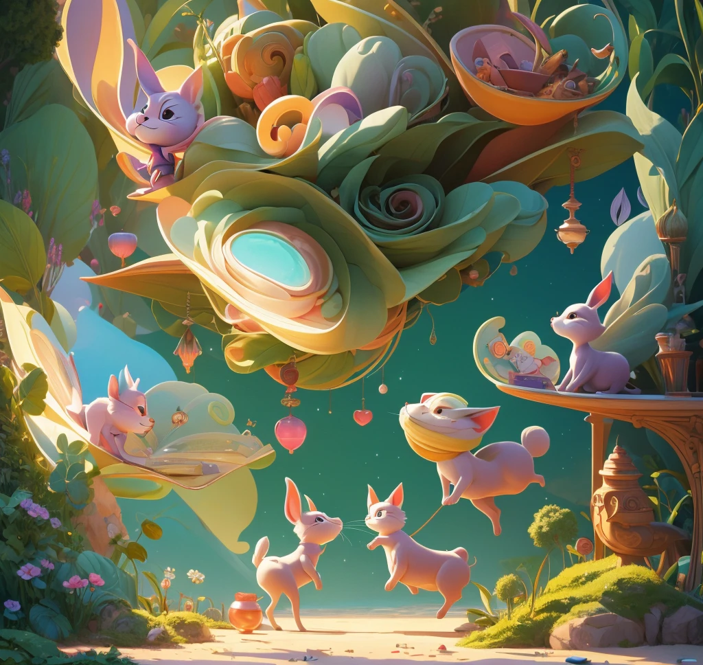Create a high-quality image in a surreal and comical style featuring human children and animals spending time together. The scene should include whimsical and dreamlike elements, creating a unique and quirky atmosphere. The children are engaged in unusual activities with the animals, filled with humor and wonder.
The animals should have bizarre characteristics or behaviors that deviate from the norm, adding a surreal touch. For example, depict a rabbit floating in the air with a , a cat wearing oversized glasses reading a book, or a dog performing ballet. The background should be a mix of unrealistic and colorful elements, contributing to an overall fantastical and surreal mood.
The illustration should be detailed and capture the humorous and surreal interactions between the children and animals, presented in a creative and charming style."