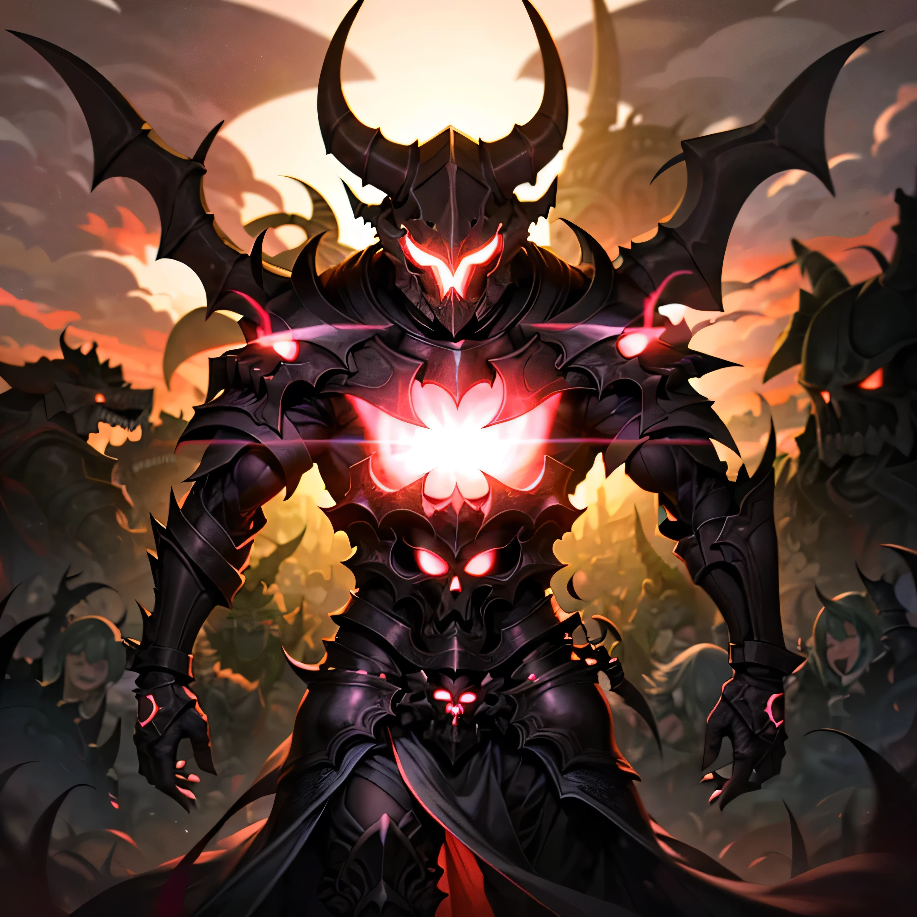 monster, black armor, helmet with horns, red glowing, outdoors, beach
