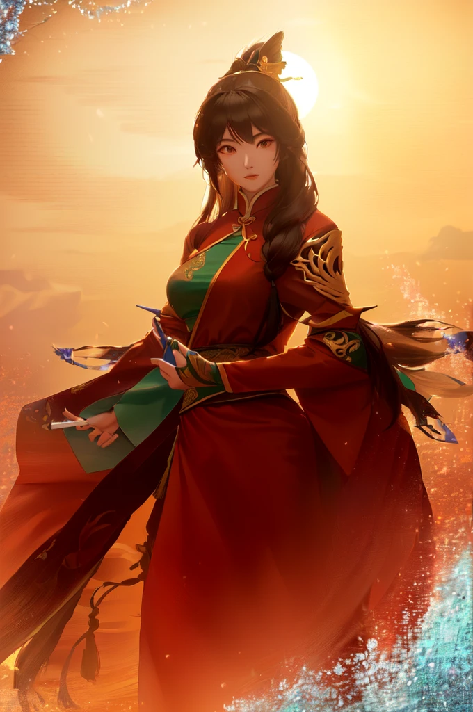 Full body, Chinese martial arts game character, anime beauty, long hair, one sun finger, long sleeves, swordsman 3, holding a fan, peacock feather decoration, art, real material, wind and sand, hand-painted style, Fairy, Dunhuang