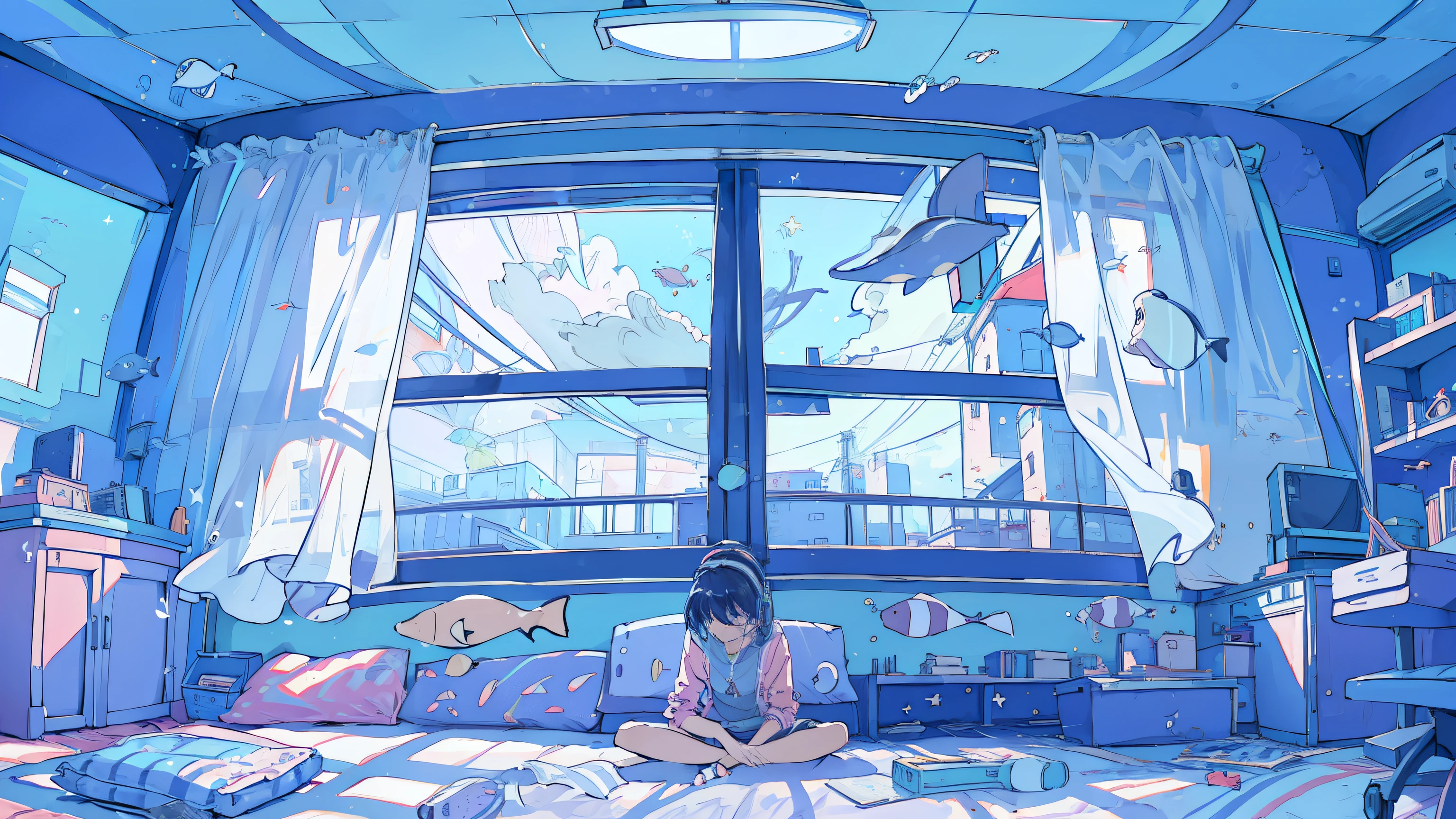 (1 girl)detailed explanation, Inside the room, Large windows, Girl sitting on the floor looking at you, Headphones, Tropical fish floating, night, stars outside windows, The lights in the room shine