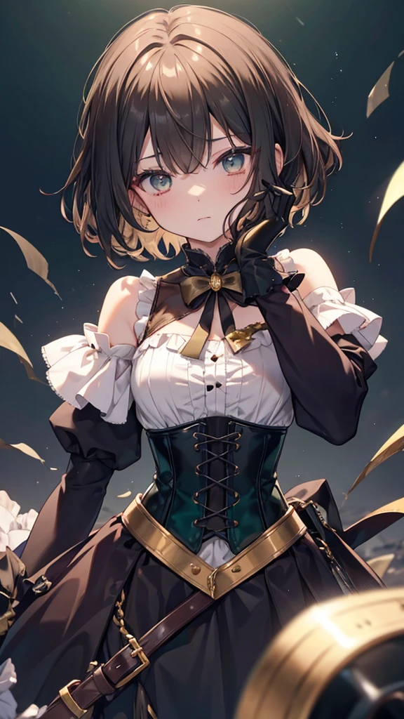 woman、18-year-old、Small breasts、Dark brown short hair、White blouse、Ruffled sleeves、High collar、Dark green corset bodice、Vertical ribs、Gold trim on top、Leather gloves in the same color as the bodice、Green details、No highlights on eyes、A lot of blood splatter、Many knives in each hand、Expressionless