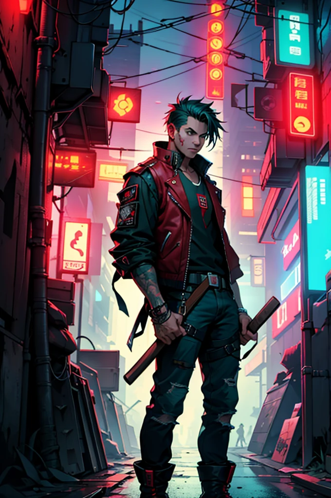 Young man wearing a rocker vest, by the wide, In his right hand he carries an ax that absorbs his blood in a cyberpunk night scene., green red blue cyberpunk background