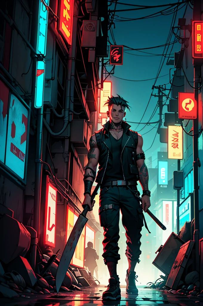 Young man wearing a rocker vest, by the wide, In his right hand he carries an ax that absorbs his blood in a cyberpunk night scene., green red blue cyberpunk background