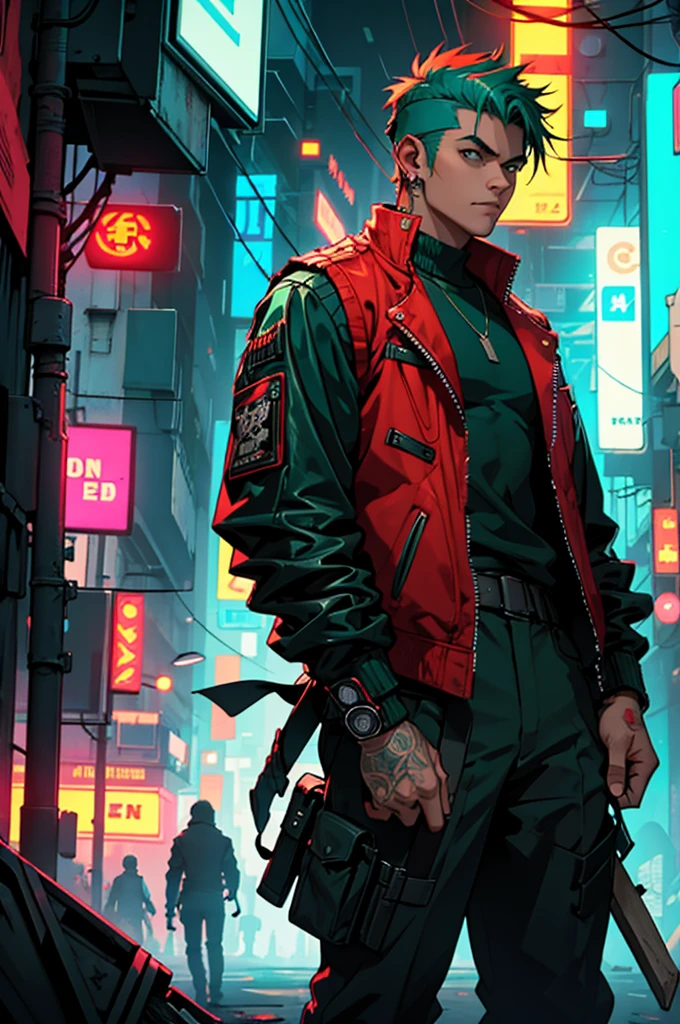 Young man wearing a rocker vest, by the wide, In his right hand he carries an ax that absorbs his blood in a cyberpunk night scene., green red blue cyberpunk background