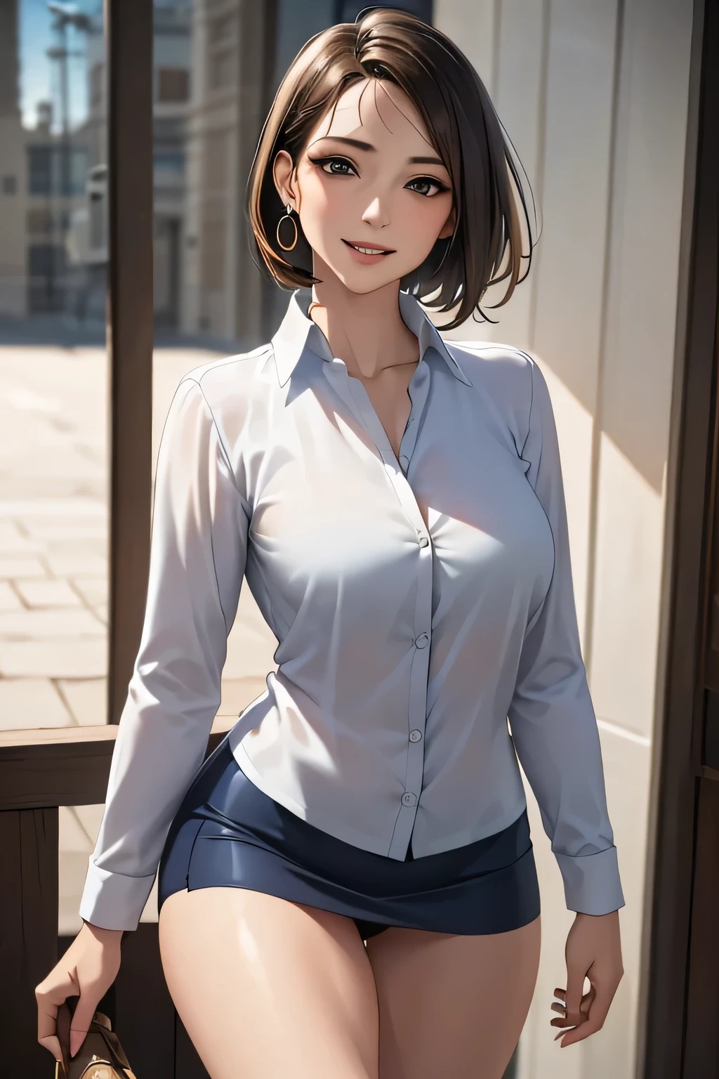 (masterpiece:1.2, Highest quality), (Realistic, photoRealistic:1.4), Beautiful illustrations, (Natural Side Lighting, Cinema Lighting), 
View your audience, Cowboy Shot, Front view, 1 girl, middle aged, Perfect Face, Beautiful symmetrical face, (Sunburn, Sunburn跡), 
(Bob Hair), (Missile Chest:0.6, Captivating thighs, Big Ass), Earrings, 
Beautiful Hair, Beautiful Face, Beautiful attention to detail, Beautiful clavicle, Beautiful body, Beautiful breasts, Beautiful thighs, Beautiful legs, Beautiful fingers, 
((White collared shirt with long sleeves, Navy Mini Skirt)), 
(Beautiful views), evening, River side, walk, (Charming smile, Upward glance), 
