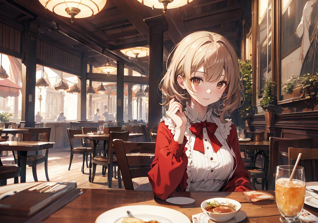 Realistic photos, Focus distance 10mm, Red and white, Beautiful girl, Realistic photos, Shooting at Focus distance 10mm, masterpiece, 最high quality, high quality, Very detailed CG 8k wallpaper unit, Award-winning photography, Depth of written boundary, High resolution, bloom, chromatic aberration, Realistic, Very detailed, Art Station Trends, CGsociety Trends, Complex, High detail, dramatic, Art on the go, volumetric lighting, Soup A beautiful girl in an elegant dress is enjoying a hot soup. The background is the warm atmosphere of a French café. The girl has short black hair and light brown eyes