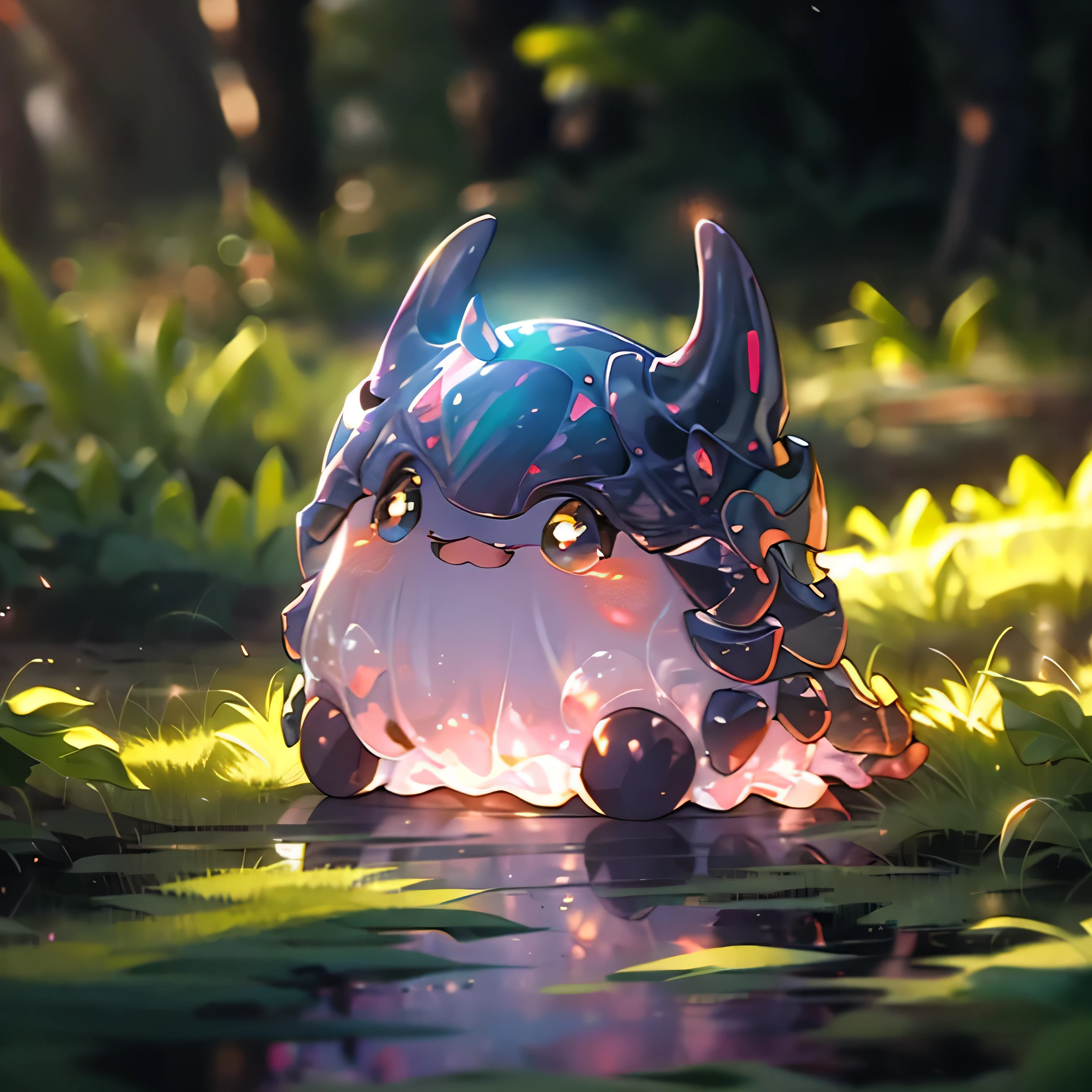 lovely, Armor Slime, helmet with horns, beach, red glowing slime, in grass, afternoon, blue sky, sunlight, 9:18 AM.