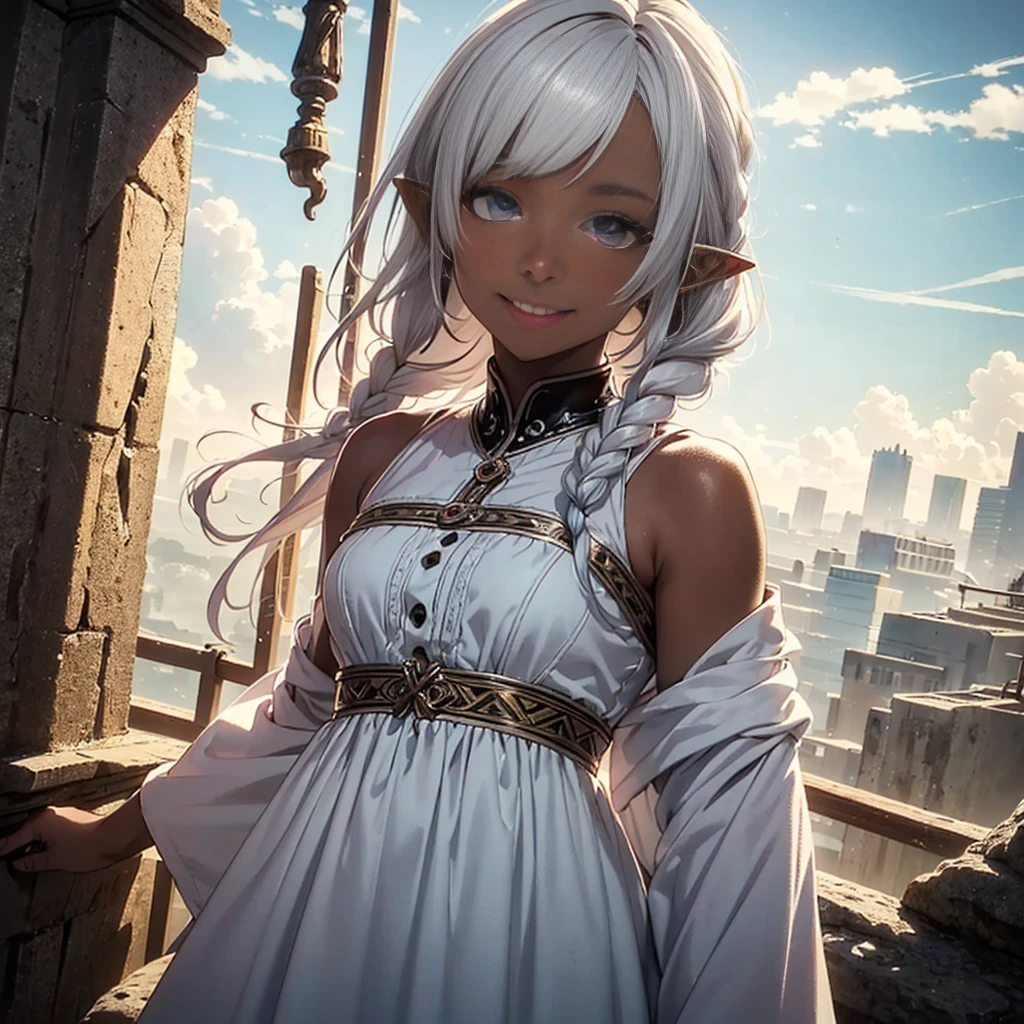 (masterpiece, best quality, ultra-detailed, best shadow),(western style:0.5), (realistic:1.2), og style, (fibonacci), (detailed background, upper body, cowboy shot, smiling, standing, looking at viewer, facing viewer, city in the sky, above the clouds, stone, sunny, medieval, angular lines), (beautiful detailed face, feminine features), (best illumination), ((cinematic light)), colorful, hyper detail, dramatic light, intricate details, (1girl, woman named Lynaru, dark-skinned female, blackskin, long pointy ears, white hair, long hair, blue eyes, braid, long dress, sundress, runes, patterned clothing)
