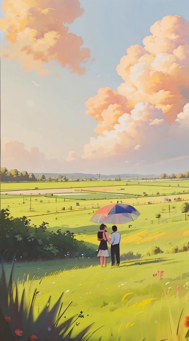 A romantic couple standing together on a grassy plain, holding a red umbrella. The man and woman embrace each other tenderly, looking into each other's eyes with love and joy. The scene is set against a backdrop of a vast open landscape, under a bright and clear blue sky filled with beautifully fluffy clouds. The colors are vibrant and full, enhancing the lush green grass in the foreground that stretches out, providing a soft and lively base for the scene. The image is highly detailed, with a crisp and clear quality, capturing every nuance of the scene with award-winning precision.

The overall atmosphere is cheerful and romantic, perfectly capturing a tender and happy moment between the couple. The focus is on the couple, with the background slightly blurred to add depth and emphasize the clarity of their connection. The photograph is taken from a wide perspective, making the couple appear far away, and showcasing a broad view of the vibrant sky and landscape. This wide-angle approach emphasizes the expansive beauty of the surroundings, highlighting the bright sunlight, the clear blue sky, and the lush grassy fields, creating a joyful and vividly colorful ambiance