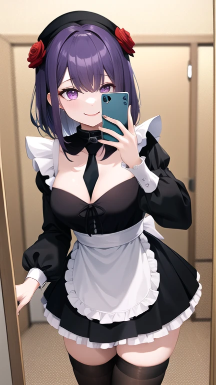 masterpiece, best quality, highres, kitagawa marin, 1girl, purple hair, medium hair, purple eyes, bonnet, red rose, collar, gothic, frills, black dress, black necktie, cleavage, long sleeves, white apron, thighhighs, smile, room, mirror, selfie, cellphone,