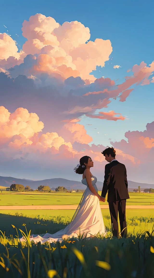 A romantic couple standing together on a grassy plain, holding a red umbrella. The man and woman embrace each other tenderly, looking into each other's eyes with love and joy. The scene is set against a backdrop of a vast open landscape, under a bright and clear blue sky filled with beautifully fluffy clouds. The colors are vibrant and full, enhancing the lush green grass in the foreground that stretches out, providing a soft and lively base for the scene. The image is highly detailed, with a crisp and clear quality, capturing every nuance of the scene with award-winning precision.

The overall atmosphere is cheerful and romantic, perfectly capturing a tender and happy moment between the couple. The focus is on the couple, with the background slightly blurred to add depth and emphasize the clarity of their connection. The photograph is taken from a wide perspective, making the couple appear far away, and showcasing a broad view of the vibrant sky and landscape. This wide-angle approach emphasizes the expansive beauty of the surroundings, highlighting the bright sunlight, the clear blue sky, and the lush grassy fields, creating a joyful and vividly colorful ambiance