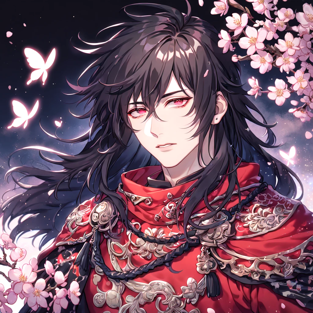 absurdres, highres, ultra detailed, HDR, master piece, best quality, extremely detailed face, delicated features, Xue Yu, untamed spiky hair, black hair, long hair, hair between the eyes, expressive red eyes, Thousand Years War, solo, sexy man, handsome, black cape, red robes, accessories, patterns, fantasy, magical, radiant, pink butterflies, pink flowers, night sky, shinning pink moon, blossoms, Jujutsu Kaisen