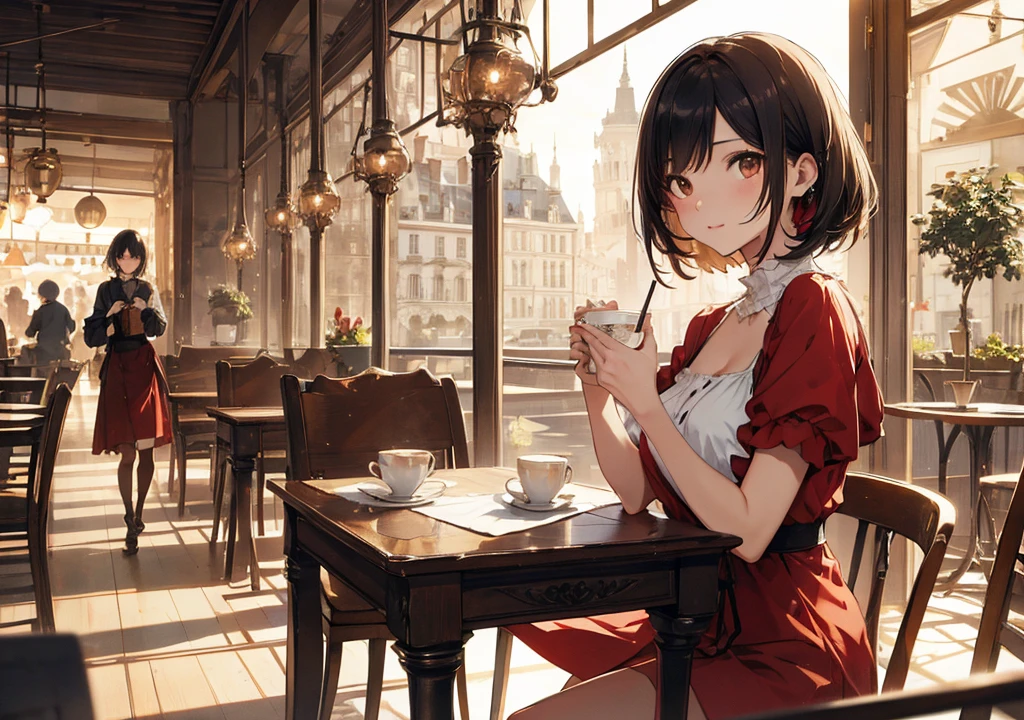 Realistic photos, Focus distance 10mm, Red and white, Beautiful girl, Realistic photos, Shooting at Focus distance 10mm, masterpiece, 最high quality, high quality, Very detailed CG 8k wallpaper unit, Award-winning photography, Depth of written boundary, High resolution, bloom, chromatic aberration, Realistic, Very detailed, Art Station Trends, CGsociety Trends, Complex, High detail, dramatic, Art on the go, volumetric lighting, Soup A beautiful girl in an elegant dress is enjoying a hot soup. The background is the warm atmosphere of a French café. The girl has short black hair and light brown eyes