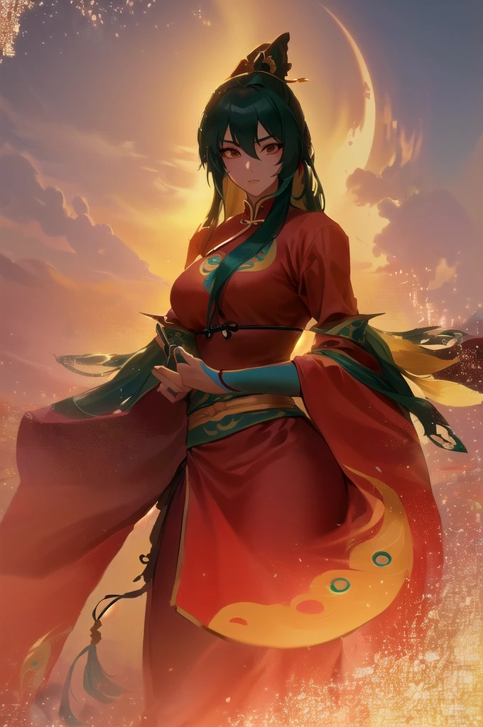 Full body, Chinese martial arts game character, anime beauty, long hair, one sun finger, long sleeves, swordsman 3, holding a fan, peacock feather decoration, art, real material, wind and sand, hand-painted style, Fairy, Dunhuang