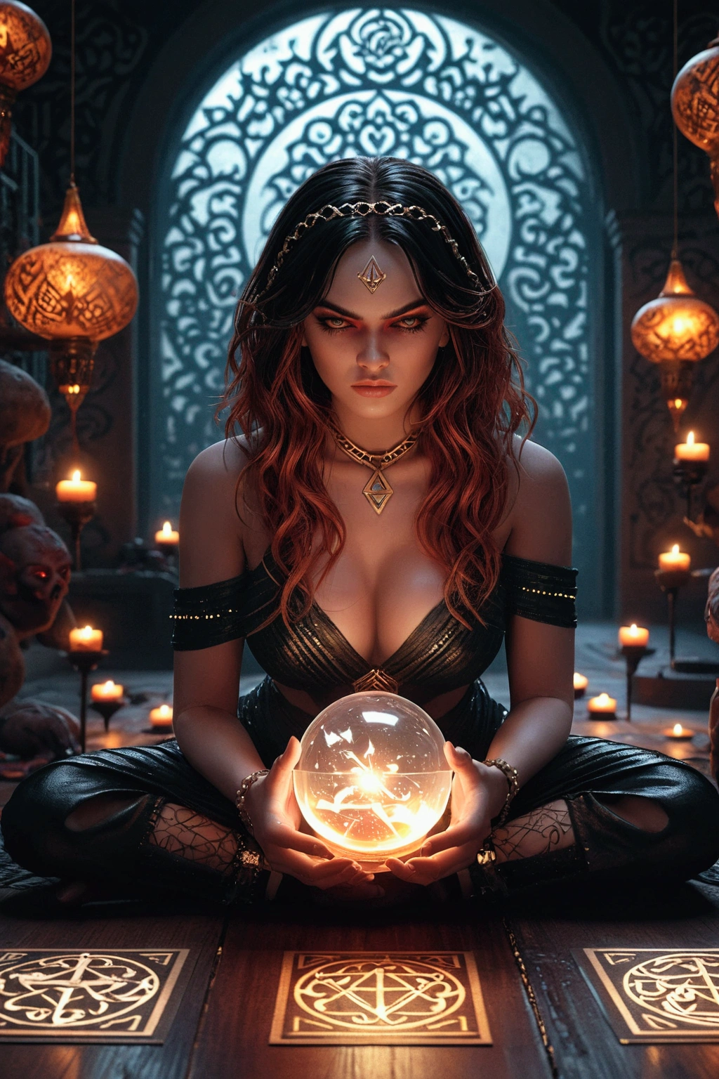 Stunning ultra-realistic in 8K resolution depicting a modern glamorous mysterious a suffering redhead woman demon, big ass, on knees, semi nude, showing big tits, screaming of pain, bright red eyes, in a destroyed corridor, with lots of details, cyberpunk lighting, she is surrounded by many nordic old runes, laid out on ground and casting an eerie glow. The modern atmosphere is shrouded in darkness, and there is enough light to highlight the sucubu's intricate costume and the mysterious objects around her. The overall effect is one of mystery, depth and a touch of magic, creating an unforgettable visual experience, photography