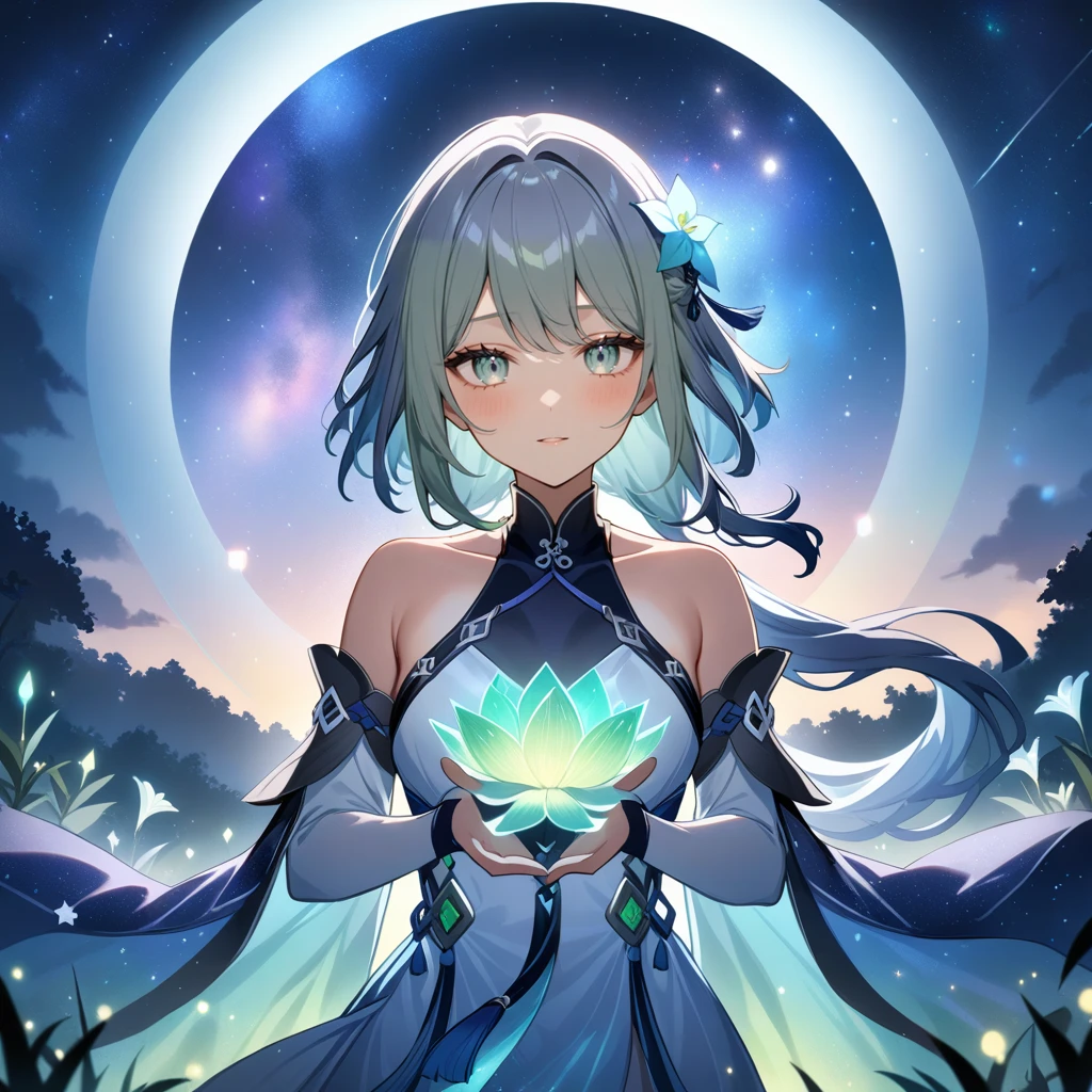 1girl, guizhong_\(genshin_impact\),(grey hair),short_hair_with_long_locks in front and low ponytail in back,(pale grey eyes with seafoam gradient),starry_sky_print,detached_sleeves white outside blue starry inside, hands completely hidden by long sleeves,sleeves over fingers,stunning field of softly glowing cerulean and white glaze lilies,night scene,gentle smile,face focus, eye focus,ladyshadow,moonlight,glossy lips,vivid anime coloring,cel shading,smooth, soft dreamy focus,anklet,halter_top,white clothes,highly detailed,digital painting,bare_shoulders,barefoot,cool night tones, magical night scene,bokeh, professional,anemo colored fireflies,nebula of stardust and silvery vapor,harmonious blend of nature and art,transcendent beauty,awe-inspiring artwork,(best quality,4k,8k,highres,masterpiece:1.2),matsuryuu and dsmile and agahari,cosmic stardust