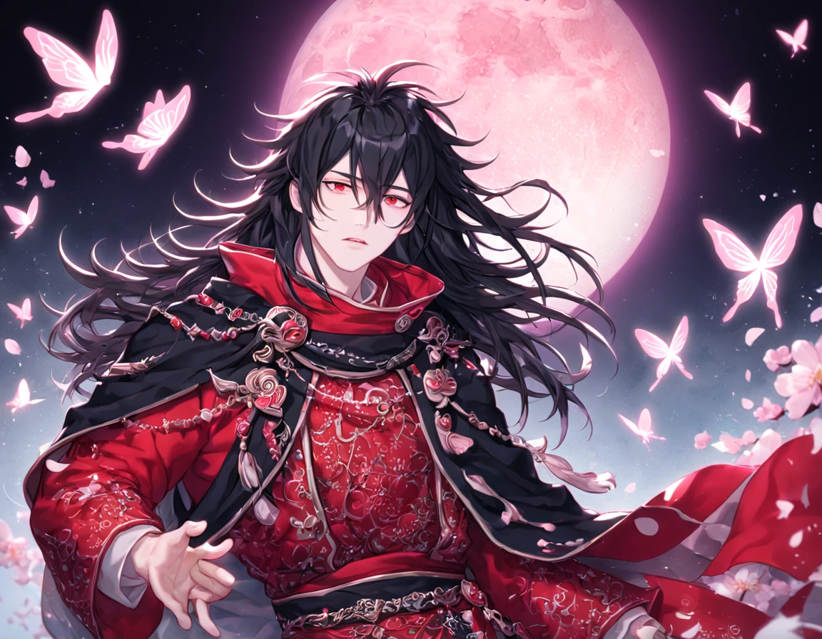 absurdres, highres, ultra detailed, HDR, master piece, best quality, extremely detailed face, delicated features, Xue Yu, untamed spiky hair, black hair, long hair, hair between the eyes, expressive red eyes, Thousand Years War, solo, sexy man, handsome, black cape, red robes, accessories, patterns, fantasy, magical, radiant, pink butterflies, pink flowers, night sky, shinning pink moon, blossoms, Jujutsu Kaisen
