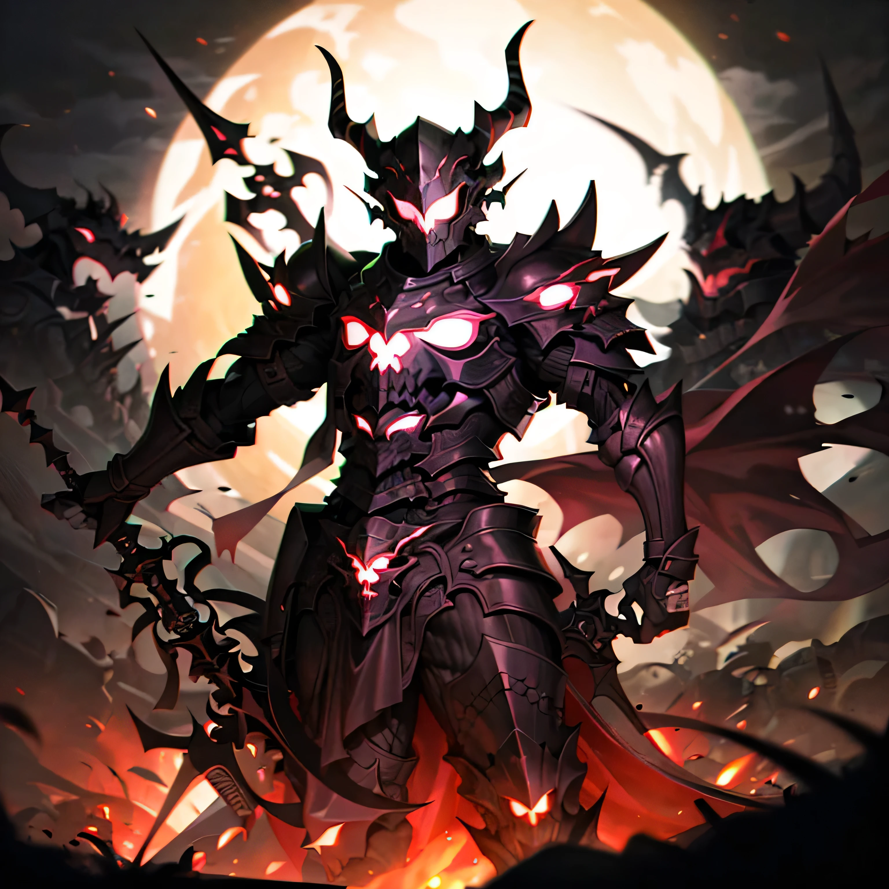 monster, black armor, helmet with horns, red glowing, outdoors, forest, night, night sky, big sword