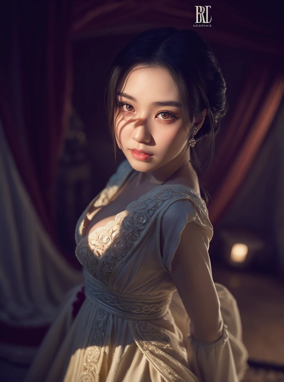 asian girl, white skin, beautiful detailed face, extremely detailed eyes and face, longeyelashes, beautiful detailed lips, elegant, voluptuous figure, big breasts, cinematic lighting, intricate details, 8k, high quality, photorealistic, chiaroscuro, dramatic lighting, fantasy, dreamlike