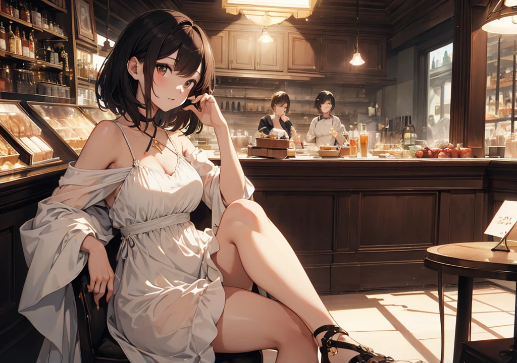 Realistic photos, Focus distance 10mm, Red and white, Beautiful girl, Realistic photos, Shooting at Focus distance 10mm, masterpiece, 最high quality, high quality, Very detailed CG 8k wallpaper unit, Award-winning photography, Depth of written boundary, High resolution, bloom, chromatic aberration, Realistic, Very detailed, Art Station Trends, CGsociety Trends, Complex, High detail, dramatic, Art on the go, volumetric lighting, Soup A beautiful girl in an elegant dress is enjoying a hot soup. The background is the warm atmosphere of a French café. The girl has short black hair and light brown eyes