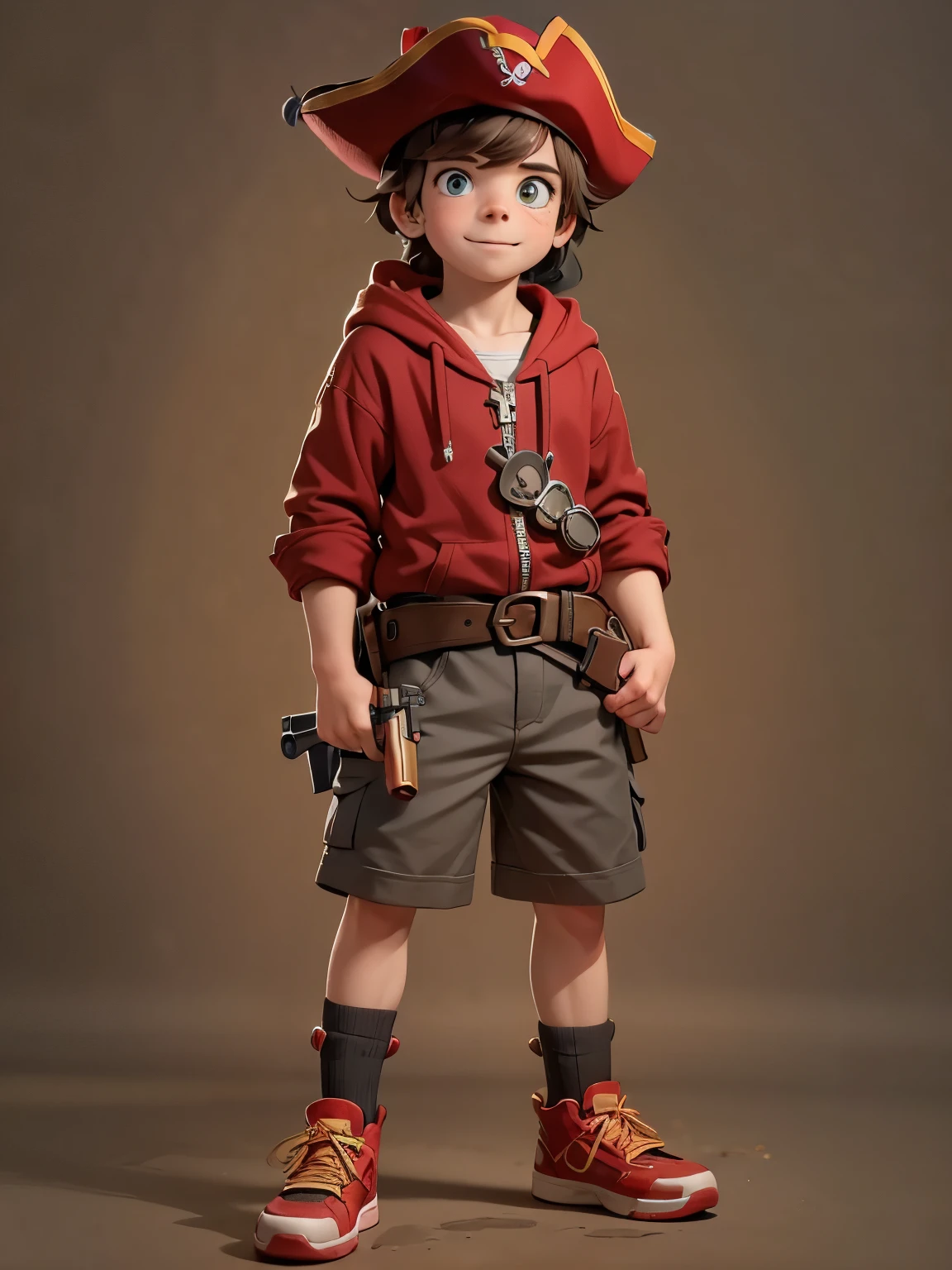 10 year old boy, young boy, cute, (freddie highmore), (Kyan), wearing a pirate hat, red hoodie, baggy cargo shorts and a gun belt, sneakers, dark red hair, mischievous expression, solid background, Highres, Masterpiece, Best quality, highly detailed, various views
