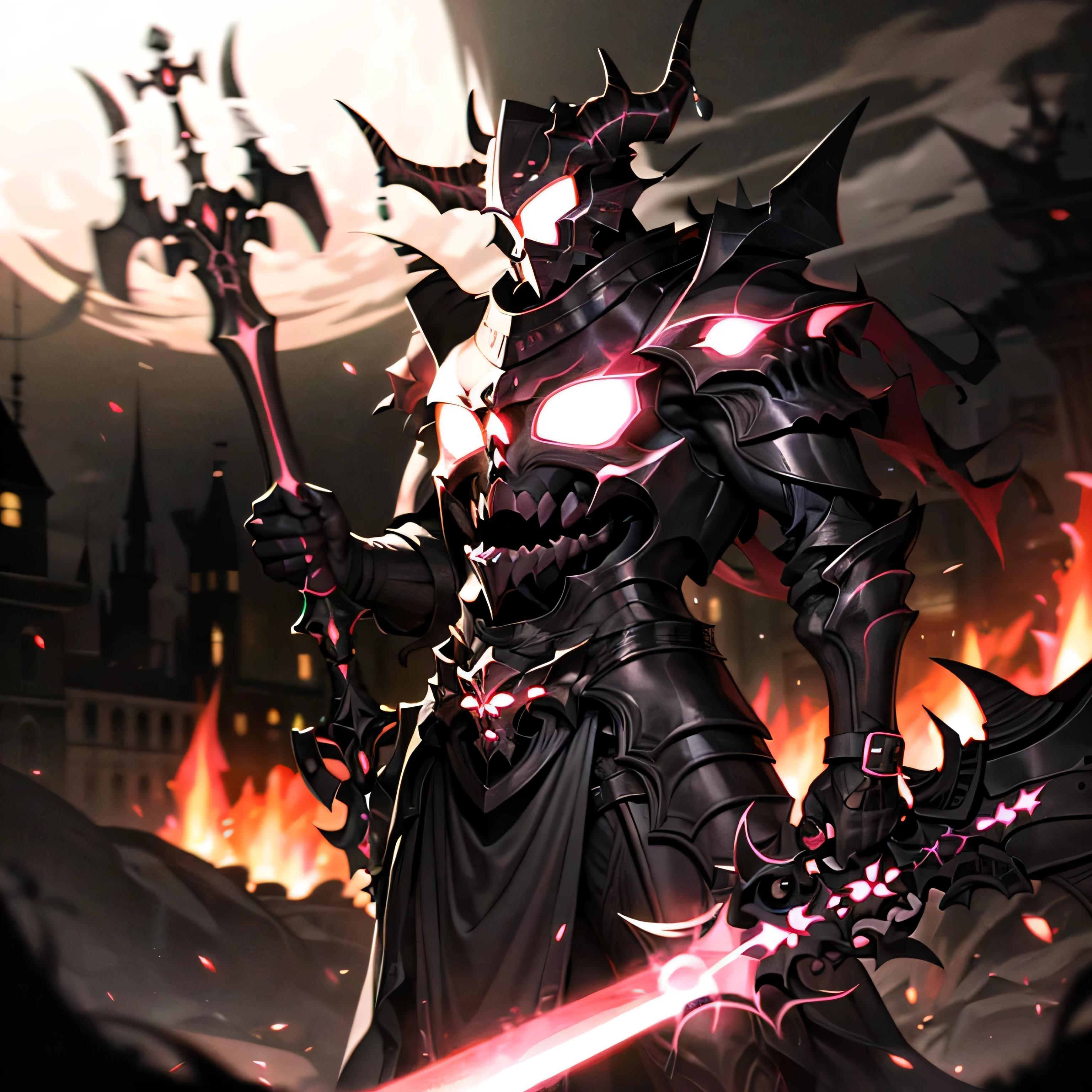 monster, black armor, helmet with horns, red glowing, outdoors, forest, night, night sky, big sword
