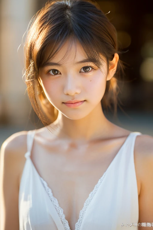 lens: 135mm f1.8,(Highest quality), (Beautiful Japanese girl), (Moisturized lips), Narrow eyes, double eyelid,Delicate clavicle,Flat Chest,Shortcuts, shame, A faint smile,
(Spotted sunlight:1.2), Dramatic lighting,
(Sheer white camisole), (Sunburned skin:0.2),Full body photo、Full Body Focus