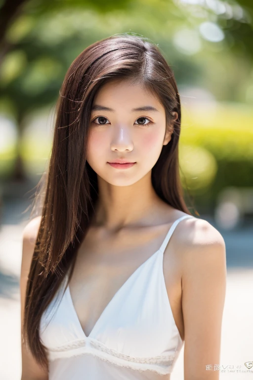 lens: 135mm f1.8,(Highest quality), (Beautiful 14 year old Japanese girl), (Moisturized lips), Narrow eyes, double eyelid,Delicate clavicle,Flat Chest,Shortcuts, shame, A faint smile,
(Spotted sunlight:1.2), Dramatic lighting,
(Sheer white camisole), (Sunburned skin:0.2),Full body photo、Full Body Focus
