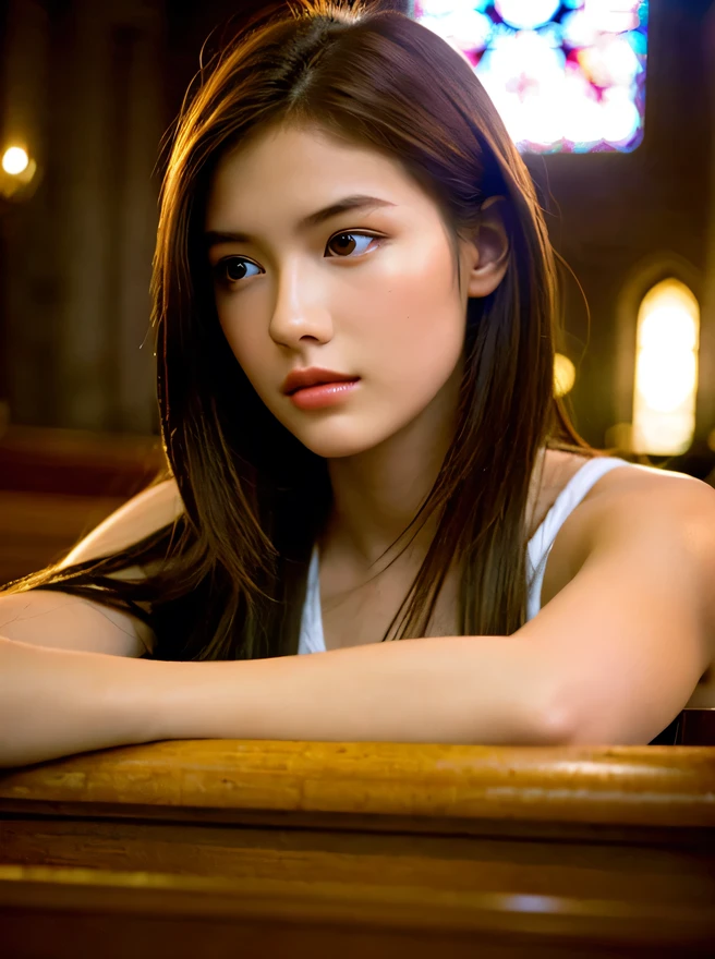 1 girl, a stunningly beautiful 16-year-old girl, looking away, neat and clean, sad, Praying, own hands together, Medium Hair, glamorous figure, busty, wearing a Appropriate attire for praying in church, hyper cute face, glossy lips, double eyelids in both eyes, natural, long eyelashes, shiny smooth light brown hair, fair skin, high resolution, high detail, detailed hairstyle, detailed face, Chapel, spectacular cinematic lighting, octane rendering, vibrant, hyper realistic, perfect limbs, perfect anatomy, 