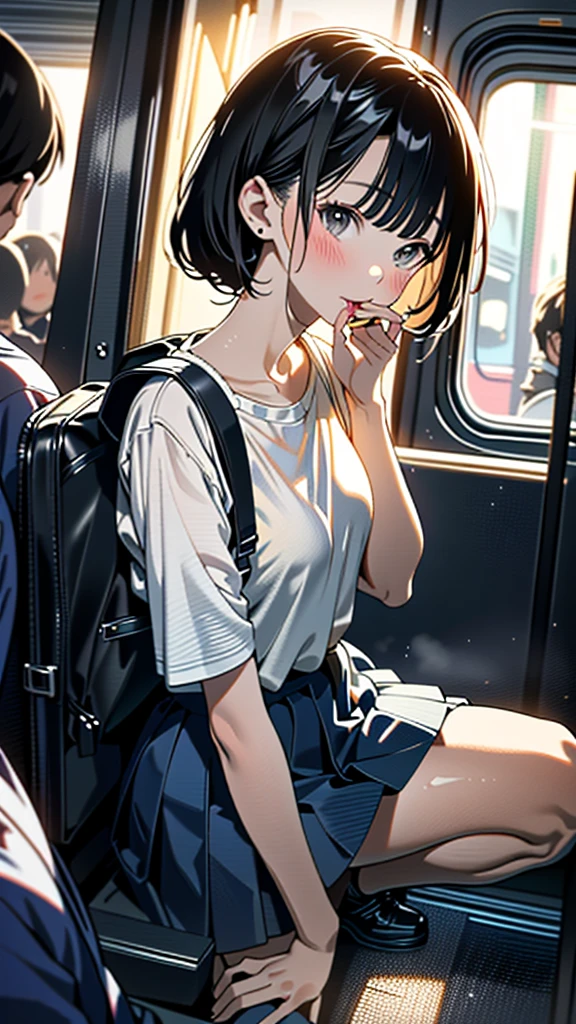 (8k, RAW Photos, 最high quality, masterpiece:1.2), high qualityのRAWカラー写真, Professional photo shoot, Cinematic Light, alone, (((Young woman and middle-aged man, Gal))), (Sharp features), (Small face), (Skin with attention to detail:1.2), clavicle, Cute Face, Beautiful appearance, Long eyelashes,Girl Turning Around, smile, (Brown Hair, Long straight line), Jersey, Denim mini skirt, sneakers, Backpack, Night Park, Confident attitude, Capture the happy moment, Artistic painting,Attractive thighs, (Very nice touch:1.2),はにかんだsmile), Peaceful atmosphere, Oil painting style, Bright colors, (Are standing:1.5, Inside a crowded train, Full body portrait), Smooth texture, Gazing Eyes, Beautiful Skin, Glowing Skin, ((Perfect Fingers, Five Fingers, Anatomically correct)), Background Blur, high quality, Surreal, ((Very detailed, photo shoot)),Many people々、blush、Plump、Blowjobチオ、Lick、Side view、squat、Sucking a man's、Crowded、Being surrounded by men、Oral sex、Sex with multiple people、Orgy、Sucking cock、Blowjob
