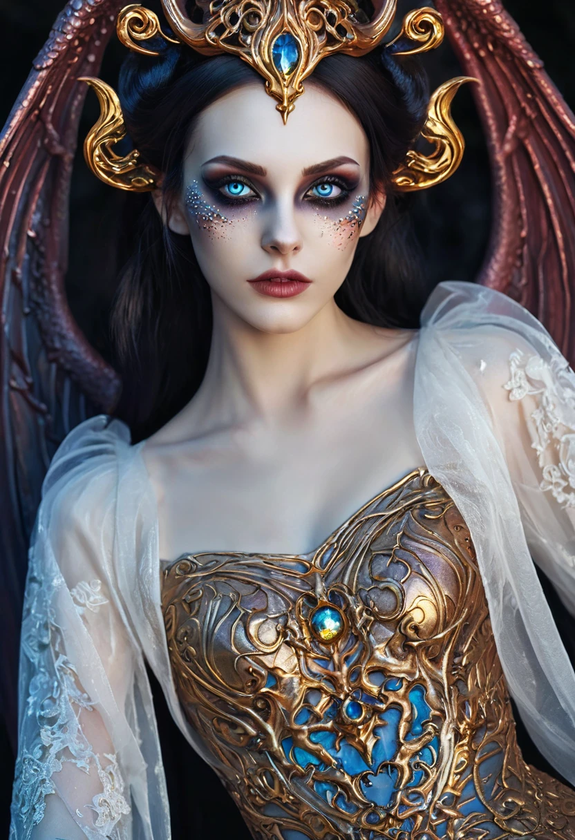 Detailed image quality，Pandora the Witch，wing, Succubus Theme，Fallen Angel，Excellent，scary，Secret Terror，Tentacles，With eyes，Uncanny Valley Effect，Beast Blood Moon，skeleton，vampire，Hellfire，Dark Queen，angel，magician magic witch，************ Angel，Eyes are blue(Pupils as deep as the starry sky)，Gorgeous tattoo designs all over the body，Succubus，Dark Queen，Gold Jewelry，Silk Wedding Dress，Ghost Bride，