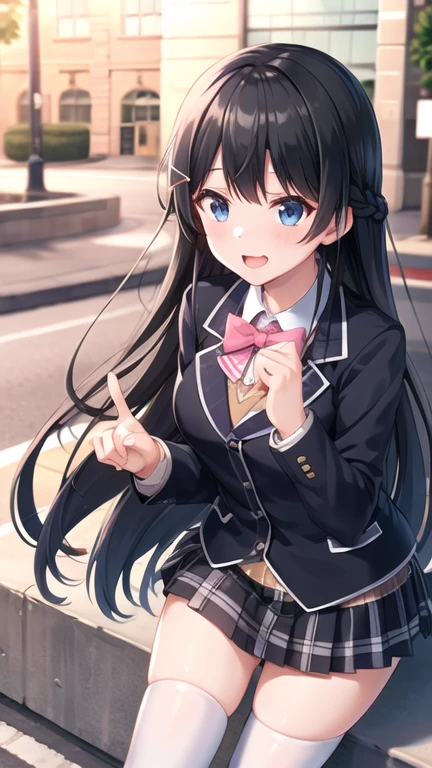 1girl, solo, tsukino mito, long hair, virtual youtuber, skirt, thighhighs, black hair, jacket, bow, blazer, black jacket, hairclip, hair ornament, white thighhighs, bangs, braid, pleated skirt, pink bow, , bowtie, very long hair, long sleeves, shirt, collared shirt, white shirt, blue eyes, pink bowtie, plaid skirt, plaid, black skirt, miniskirt, standing,  outdoors, street,