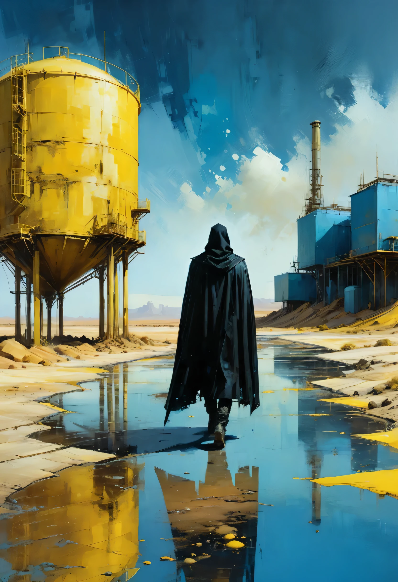 Pixelart por Jeremy Mann, Man in black cape in yellow desert walking alone, mostly blue tones and small details in yellow, 4D high relief texture painting, construction, construction site, Building in the background, floor, 8k, 4D, futuristic, water tank in the background, ornate desert, aerial view, view from far away, photorealism, abstract impressionism