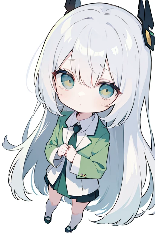 Chibi girl,white background,silver straight long hair, green suit ,Expressionless