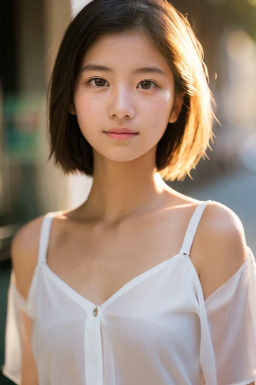 lens: 135mm f1.8,(Highest quality), (Beautiful 14 year old Japanese girl), (Moisturized lips), Narrow eyes, double eyelid,Delicate clavicle,Flat Chest,Shortcuts, shame, A faint smile,
(Spotted sunlight:1.2), Dramatic lighting,
(Sheer white shirt), (Sunburned skin:0.2),Full body photo、Full Body Focus