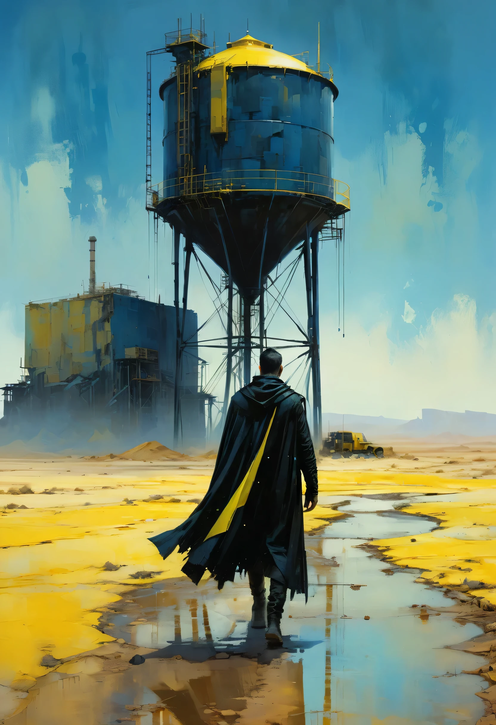 Pixelart por Jeremy Mann, Man in black cape in yellow desert walking alone, mostly blue tones and small details in yellow, 4D high relief texture painting, construction, construction site, Building in the background, floor, 8k, 4D, futuristic, water tank in the background, ornate desert, aerial view, view from far away, photorealism, abstract impressionism