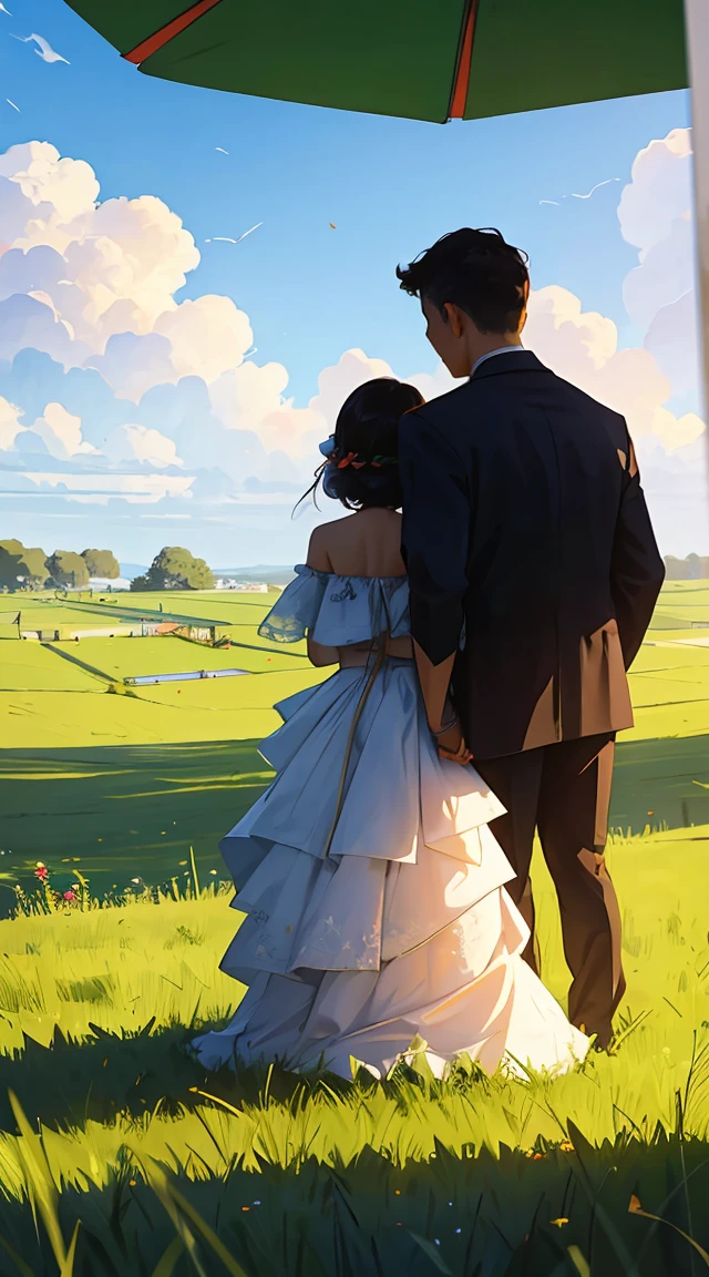 A romantic couple standing together on a grassy plain, holding a red umbrella. The man and woman embrace each other tenderly, looking into each other's eyes with love and joy. The scene is set against a backdrop of a vast open landscape, under a bright and clear blue sky filled with beautifully fluffy clouds. The colors are vibrant and full, enhancing the lush green grass in the foreground that stretches out, providing a lively and natural base for the scene. The image is highly detailed and sharp, with HD clarity that captures every nuance with precision.
The overall atmosphere is cheerful and romantic, perfectly capturing a tender and happy moment between the couple. The focus is on the couple, with the background slightly blurred to add depth and emphasize the sharpness of their connection. The photograph is taken from a wide perspective, making the couple appear far away, and showcasing a broad view of the vibrant sky and landscape. This wide-angle approach highlights the expansive beauty of the surroundings, with bright sunlight illuminating the scene, the clear blue sky, and the lush grassy fields, creating a joyful and vividly colorful ambiance.