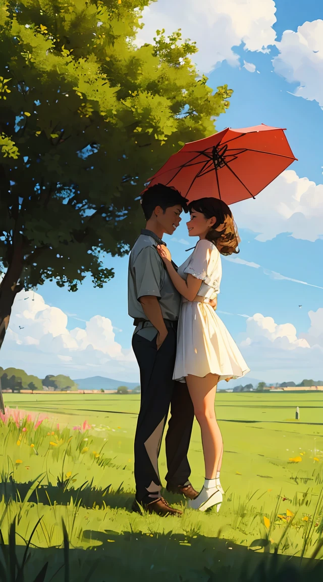 A romantic couple standing together on a grassy plain, holding a red umbrella. The man and woman embrace each other tenderly, looking into each other's eyes with love and joy. The scene is set against a backdrop of a vast open landscape, under a bright and clear blue sky filled with beautifully fluffy clouds. The colors are vibrant and full, enhancing the lush green grass in the foreground that stretches out, providing a lively and natural base for the scene. The image is highly detailed and sharp, with HD clarity that captures every nuance with precision.
The overall atmosphere is cheerful and romantic, perfectly capturing a tender and happy moment between the couple. The focus is on the couple, with the background slightly blurred to add depth and emphasize the sharpness of their connection. The photograph is taken from a wide perspective, making the couple appear far away, and showcasing a broad view of the vibrant sky and landscape. This wide-angle approach highlights the expansive beauty of the surroundings, with bright sunlight illuminating the scene, the clear blue sky, and the lush grassy fields, creating a joyful and vividly colorful ambiance.