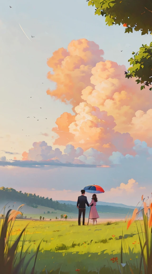 A romantic couple standing together on a grassy plain, holding a red umbrella. The man and woman embrace each other tenderly, looking into each other's eyes with love and joy. The scene is set against a backdrop of a vast open landscape, under a bright and clear blue sky filled with beautifully fluffy clouds. The colors are vibrant and full, enhancing the lush green grass in the foreground that stretches out, providing a lively and natural base for the scene. The image is highly detailed and sharp, with HD clarity that captures every nuance with precision.

The overall atmosphere is cheerful and romantic, perfectly capturing a tender and happy moment between the couple. The focus is on the couple, with the background slightly blurred to add depth and emphasize the sharpness of their connection. The photograph is taken from a wide perspective, making the couple appear far away, and showcasing a broad view of the vibrant sky and landscape. This wide-angle approach highlights the expansive beauty of the surroundings, with bright sunlight illuminating the scene, the clear blue sky, and the lush grassy fields, creating a joyful and vividly colorful ambiance.