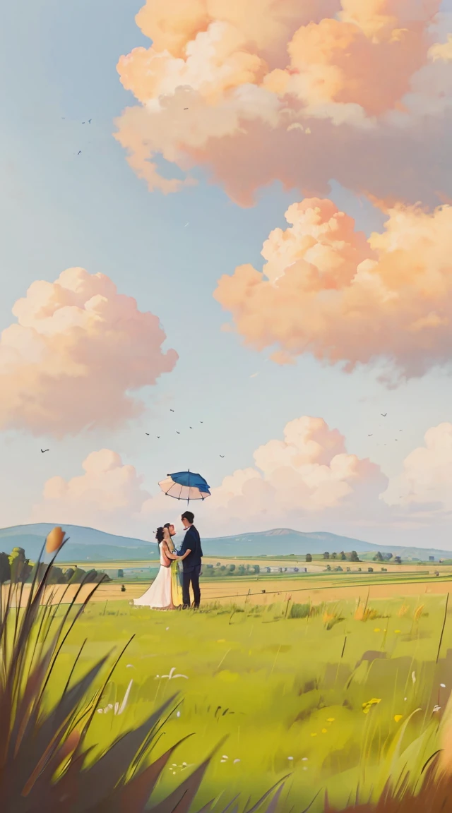 A romantic couple standing together on a grassy plain, holding a red umbrella. The man and woman embrace each other tenderly, looking into each other's eyes with love and joy. The scene is set against a backdrop of a vast open landscape, under a bright and clear blue sky filled with beautifully fluffy clouds. The colors are vibrant and full, enhancing the lush green grass in the foreground that stretches out, providing a lively and natural base for the scene. The image is highly detailed and sharp, with HD clarity that captures every nuance with precision.

The overall atmosphere is cheerful and romantic, perfectly capturing a tender and happy moment between the couple. The focus is on the couple, with the background slightly blurred to add depth and emphasize the sharpness of their connection. The photograph is taken from a wide perspective, making the couple appear far away, and showcasing a broad view of the vibrant sky and landscape. This wide-angle approach highlights the expansive beauty of the surroundings, with bright sunlight illuminating the scene, the clear blue sky, and the lush grassy fields, creating a joyful and vividly colorful ambiance.