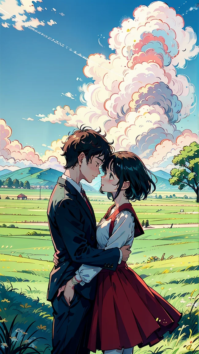 A romantic couple standing together on a grassy plain, holding a red umbrella. The man and woman embrace each other tenderly, looking into each other's eyes with love and joy. The scene is set against a backdrop of a vast open landscape, under a bright and clear blue sky filled with beautifully fluffy clouds. The colors are vibrant and full, enhancing the lush green grass in the foreground that stretches out, providing a lively and natural base for the scene. The image is highly detailed and sharp, with HD clarity that captures every nuance with precision.
The overall atmosphere is cheerful and romantic, perfectly capturing a tender and happy moment between the couple. The focus is on the couple, with the background slightly blurred to add depth and emphasize the sharpness of their connection. The photograph is taken from a wide perspective, making the couple appear far away, and showcasing a broad view of the vibrant sky and landscape. This wide-angle approach highlights the expansive beauty of the surroundings, with bright sunlight illuminating the scene, the clear blue sky, and the lush grassy fields, creating a joyful and vividly colorful ambiance.