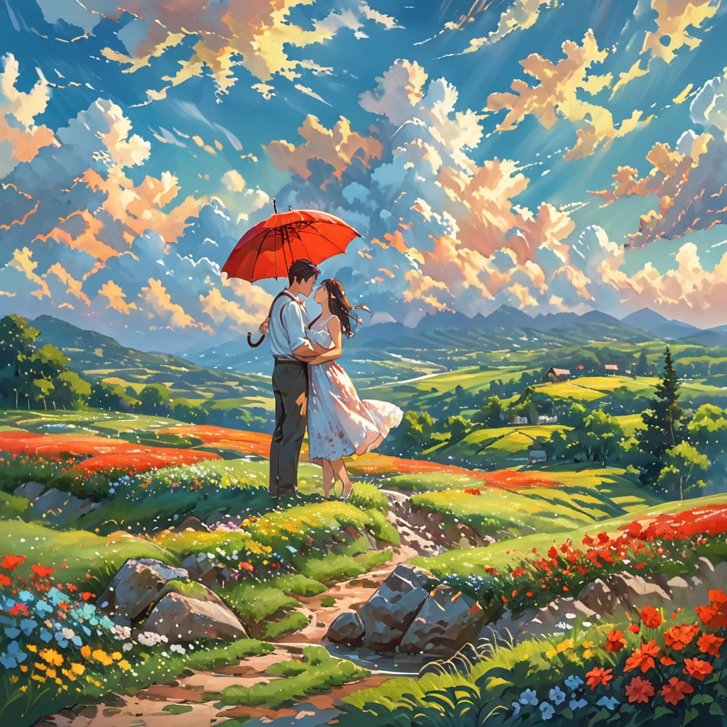A romantic couple standing together on a grassy plain, holding a red umbrella. The man and woman embrace each other tenderly, looking into each other's eyes with love and joy. The scene is set against a backdrop of a vast open landscape, under a bright and clear blue sky filled with beautifully fluffy clouds. The colors are vibrant and full, enhancing the lush green grass in the foreground that stretches out, providing a lively and natural base for the scene. The image is highly detailed and sharp, with HD clarity that captures every nuance with precision.
The overall atmosphere is cheerful and romantic, perfectly capturing a tender and happy moment between the couple. The focus is on the couple, with the background slightly blurred to add depth and emphasize the sharpness of their connection. The photograph is taken from a wide perspective, making the couple appear far away, and showcasing a broad view of the vibrant sky and landscape. This wide-angle approach highlights the expansive beauty of the surroundings, with bright sunlight illuminating the scene, the clear blue sky, and the lush grassy fields, creating a joyful and vividly colorful ambiance.